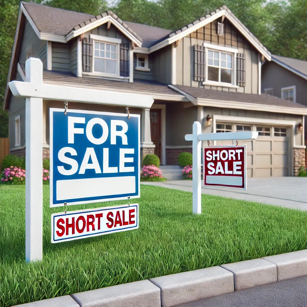 DALL·E 2025-04-09 09.32.06 - A suburban American home with two 'For Sale' signs placed in the front yard. One of the signs clearly includes the text 'Short Sale'. The home is well (1)